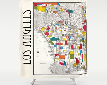 Los Angeles Shower curtain - Street map of LA, fabric curtain, map, streets of LA, historical Hollywood, beach cities, colorful