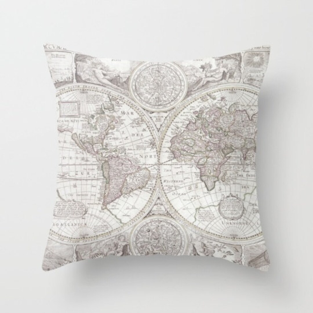 World Map Pillow Soft Gray Map of the World Throw Pillow Travel Decor