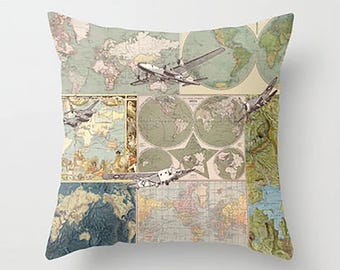Vintage Map Throw Pillow: Travel Decor, Airplane Design