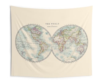 Hemispheres Indoor Wall Tapestry - antique world map in hempispheres, soft colors