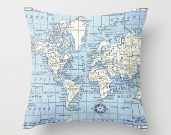 Really Nice Map Pillow - world map, travel decor, blue and white, wanderlust,  Vintage Maps, unique, colorful