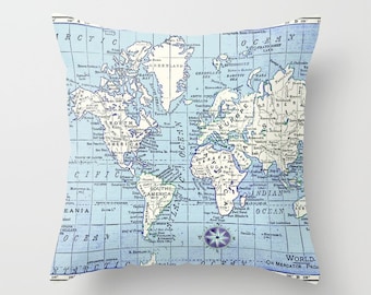 Vintage World Map Throw Pillow: Blue Travel Decor