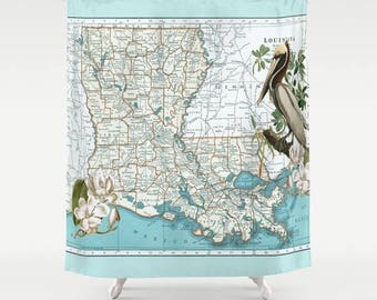 Louisiana Map Shower Curtain - Brown Pelican, Magnolia, state shower curtain,  aqua New Orleans, state pride