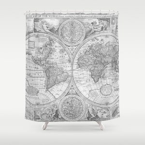 World Map Shower Curtain - Gray Monochrome Antique Map - Travel Decor ...