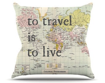 Travel Quote Throw pillow - To travel is to Live - World map fun, cute , travel decor, Vintage Maps, unique, pastel, US or Canada