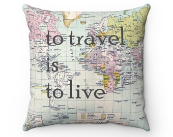 Funda de almohada con frase de viaje y mapa del mundo: almohada de poliéster