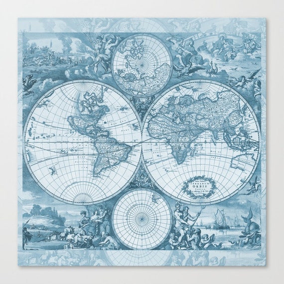 アンティークの世界地図（ブルーフレームプリント） - ウォール