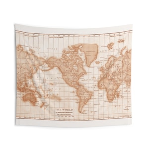 May include: A beige world map tapestry with brown geographical details and grid lines. The text "THE WORLD" is visible at the bottom. The map depicts continents, oceans, and countries.