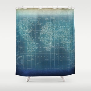 Decorative Map Shower Curtain -  dark blue and teal Grunge World Map Shower Curtain  - Home Decor - Bathroom,  dark blue, Travel, manly