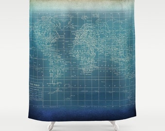 Decorative Map Shower Curtain -  dark blue and teal Grunge World Map Shower Curtain  - Home Decor - Bathroom,  dark blue, Travel, manly