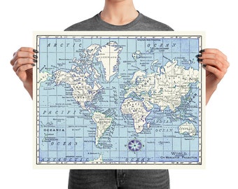 Una impresión de mapa realmente bonita: azul y blanco con un toque de violeta y una rosa de los vientos.
