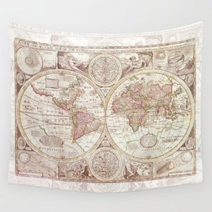 World Map Tapestry Wall hanging - dorm room decor, antique map print, beautiful map, travel decor, wall decor atlas, den, bedroom, library