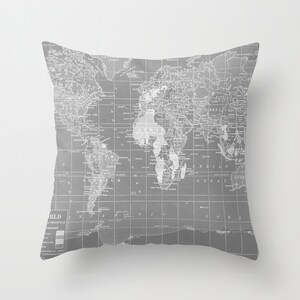 World Map Pillow - Grey and White Map of the World throw Pillow-  travel Decor - modern home, apartment, dorm, wanderlust