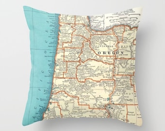 Cojín decorativo con el mapa de la costa de Oregón: decoración costera retro
