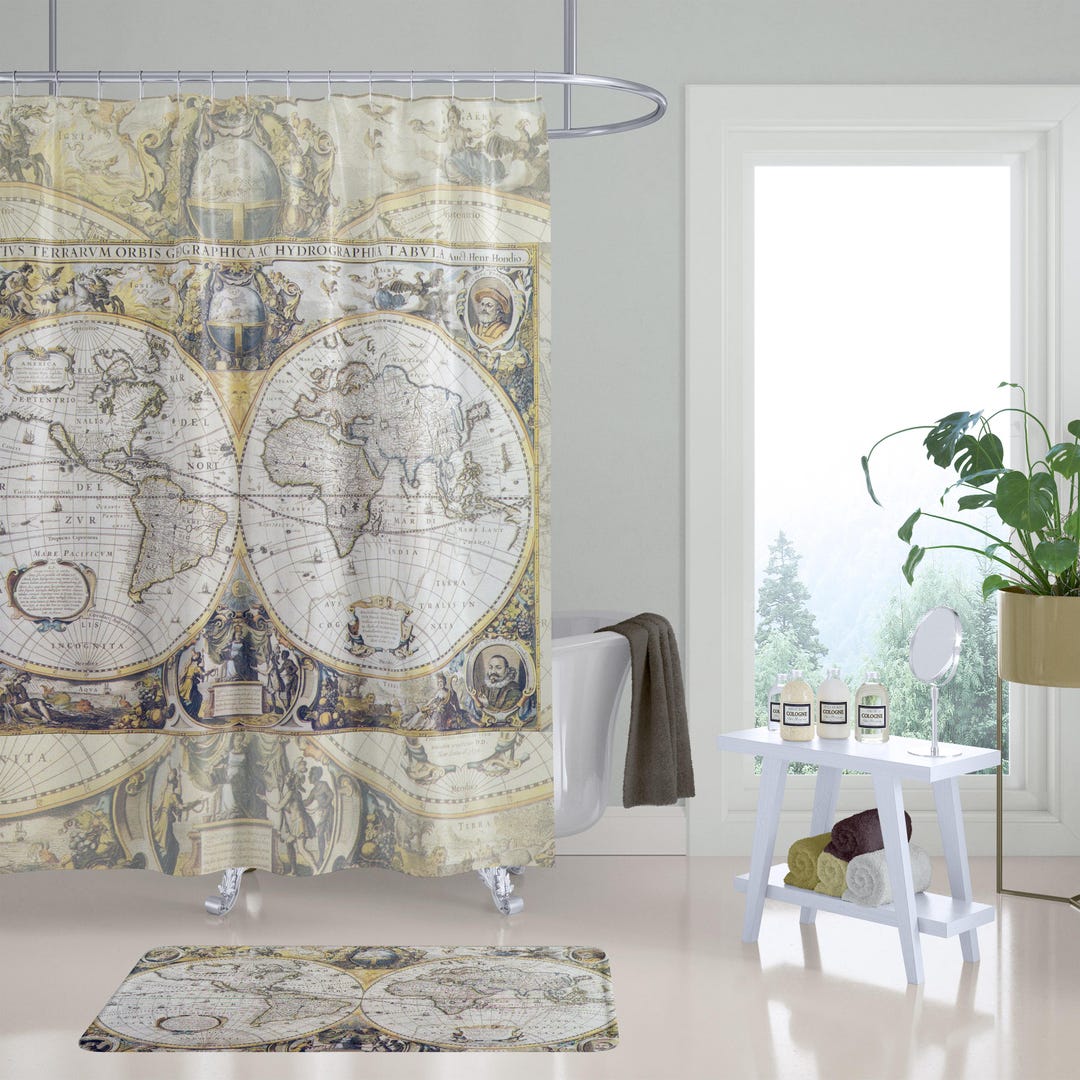 Antique World Map Fabric Shower Curtain: Vintage Travel Decor - Etsy