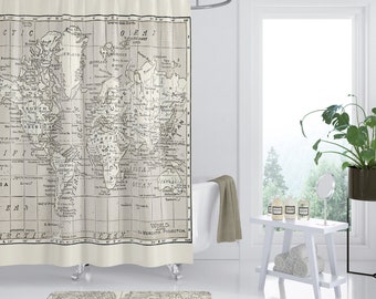 Taupe World Map Shower Curtain: Neutral Travel Bathroom Decor