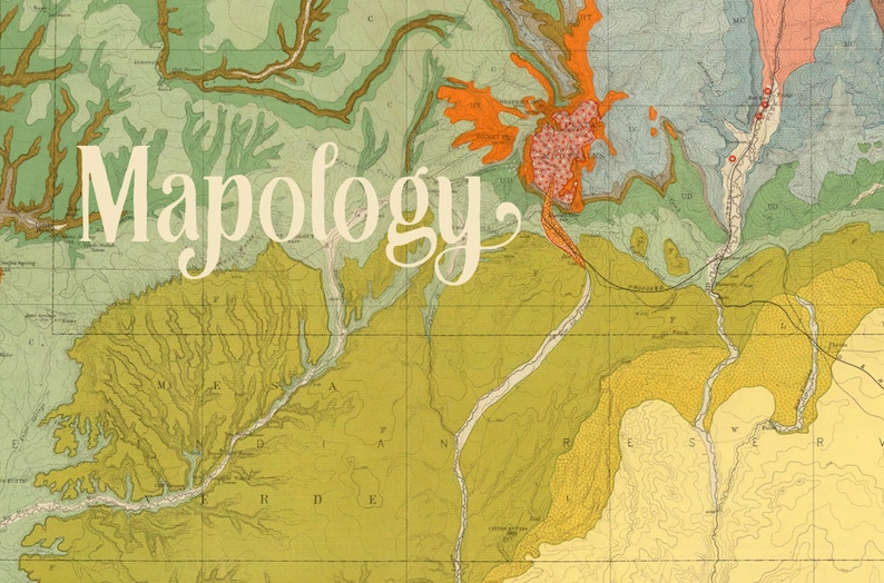 May include: A vintage map with the word "Mapology" written in a decorative font across the top. The map is in shades of green, yellow, orange, and red, and shows a variety of geographical features.