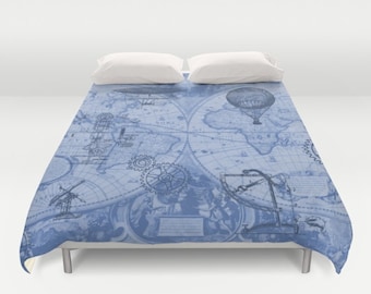Funda nórdica con mapa Steampunk: ropa de cama con decoración de viaje azul