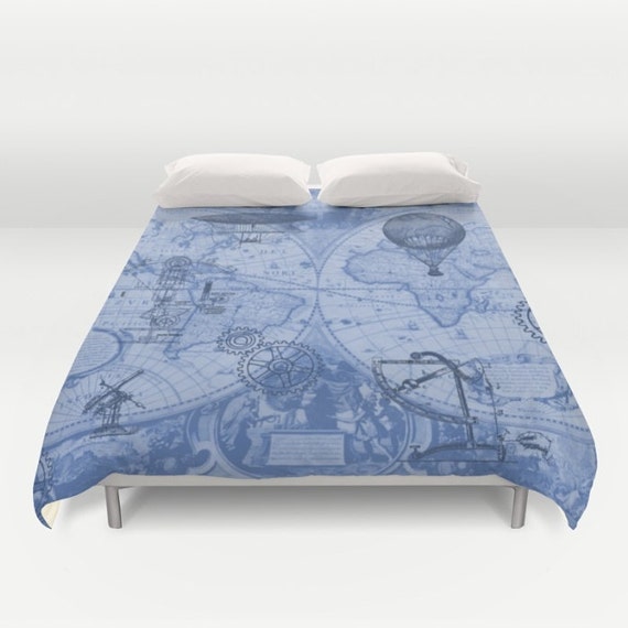 Steampunk Duvet Cover In Blues Bed Bedroom Travel Etsy