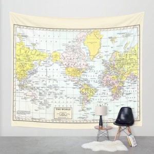 World Map Tapestry Wall hanging - vintage map in muted tones, beautiful map, travel decor, wall decor den, bedroom, library