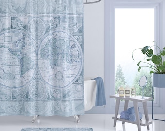 Cortina de ducha con mapa del mundo vintage, decoración de baño, temática de viajes, regalo para exploradores, decoración del hogar