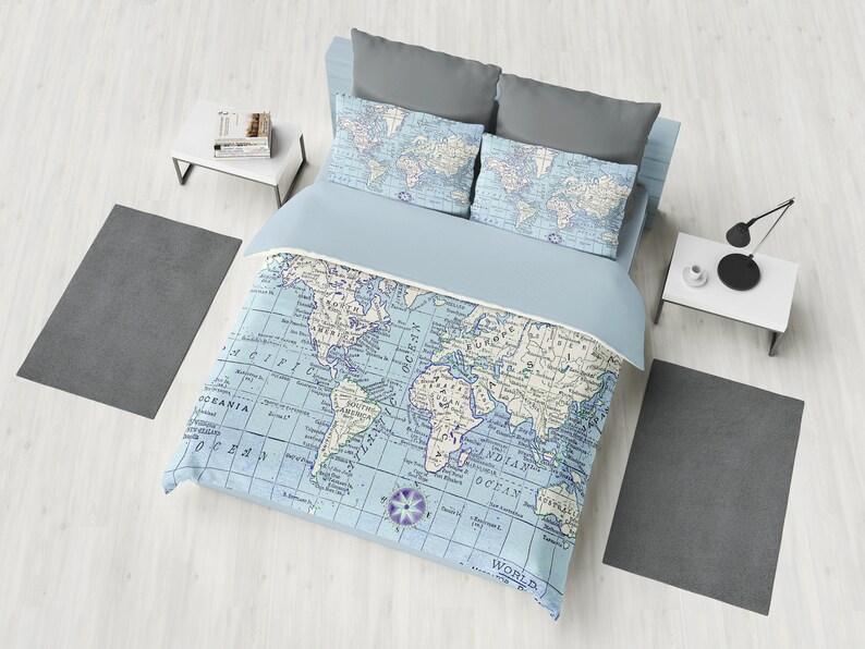 A Really Nice World Map Duvet Cover Blue And White Bed Image 0