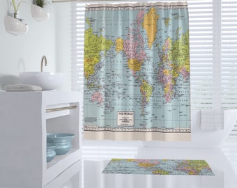 World Map Shower Curtain - Historical , colorful, vintage map - Home Decor - Bathroom - geography, history, travel, blue, green pastel