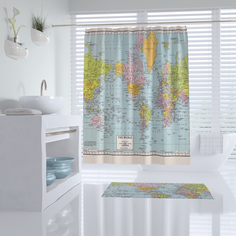 Vintage World Map Shower Curtain: Pastel Geography Bathroom Decor - Etsy