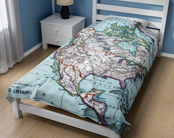 North America Map Fleece Blanket: Vintage Atlas Travel Decor