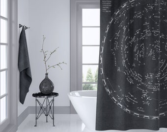 Star Map Shower Curtain - Vintage Astronomy, Home Decor - Bathroom - space travel,  black and beige, masculine