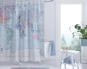 Vintage World Map Shower Curtain: Polyester Fabric, Travel Home Decor