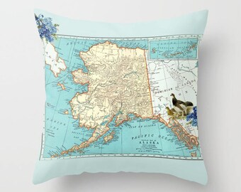 Cojín vintage con mapa de Alaska: diseño de perdiz nival y nomeolvides