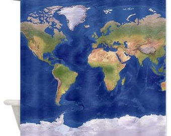 Modern Map Shower Curtain -  Modern Relief Map - lapis blue oceans, globe,  atlas, shower,  bathroom, decor, continents, oceans