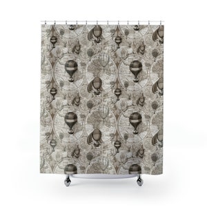 Steampunk Hot Air Balloons With Vintage maps in neutral Earth Tones Shower Curtains