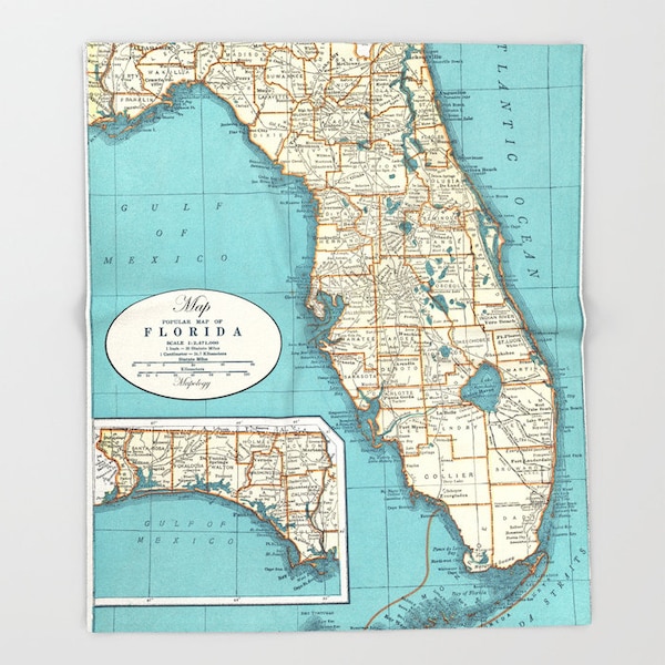 Florida State Map Blanket throw - map,  retro,  sofa, couch, bed, travel decor, teal, cream, winter, warm,