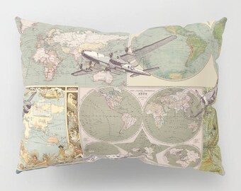 Vintage Airplane & World Map Pillow Case - Travel Decor