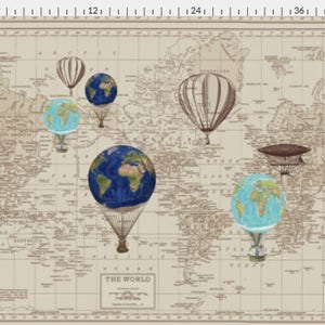 May include: A vintage world map with a beige background features five hot air balloons and a dirigible. The balloons are filled with blue and green globes, and one balloon is striped in brown and white. The dirigible is brown and has a rectangular shape. The map has the words "THE WORLD" printed on it.