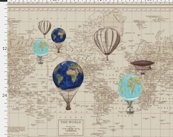 Fabric Yardage - Map of the World Fabric  with Hot Air Balloons - nursery, steampunk, globes, unique fabric - Crafting and Sewing Supplies
