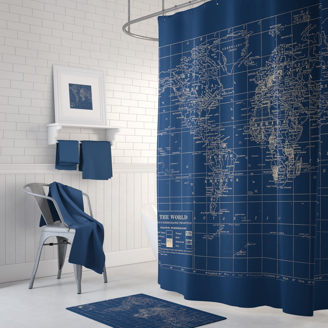 Navy Blue World Map Shower Curtain Dark Travel Decor - Etsy UK
