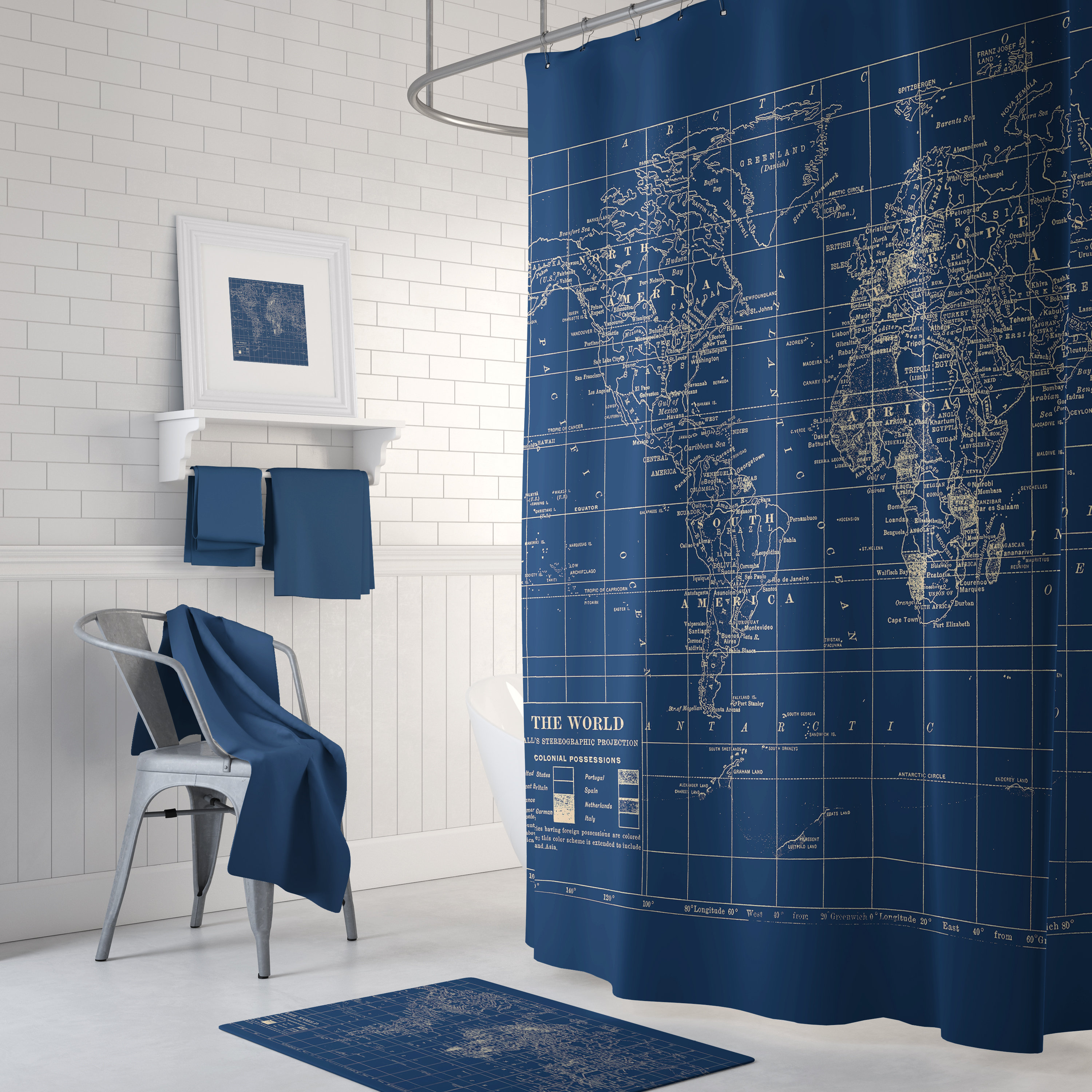 Navy Blue World Map Shower Curtain - Dark, Travel Decor, Masculine - Etsy
