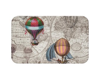 Hot Air Balloon Bath Mat - steampunk map bathroom decor, rug