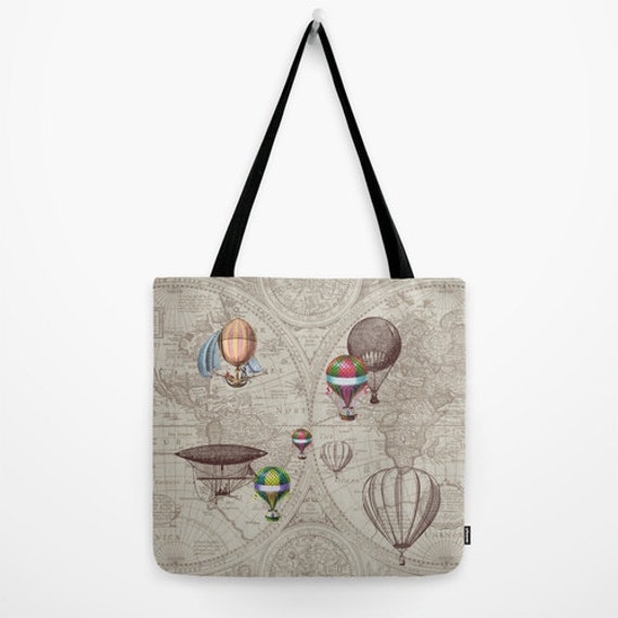 Hot Air Balloon Tote Bag With Map Travel Theme Tote Everything