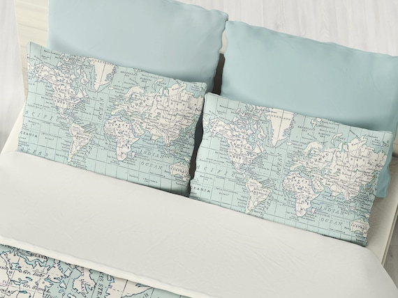 World Map Pillow Case in Blue and Cream Cotton pillow with a world map motif