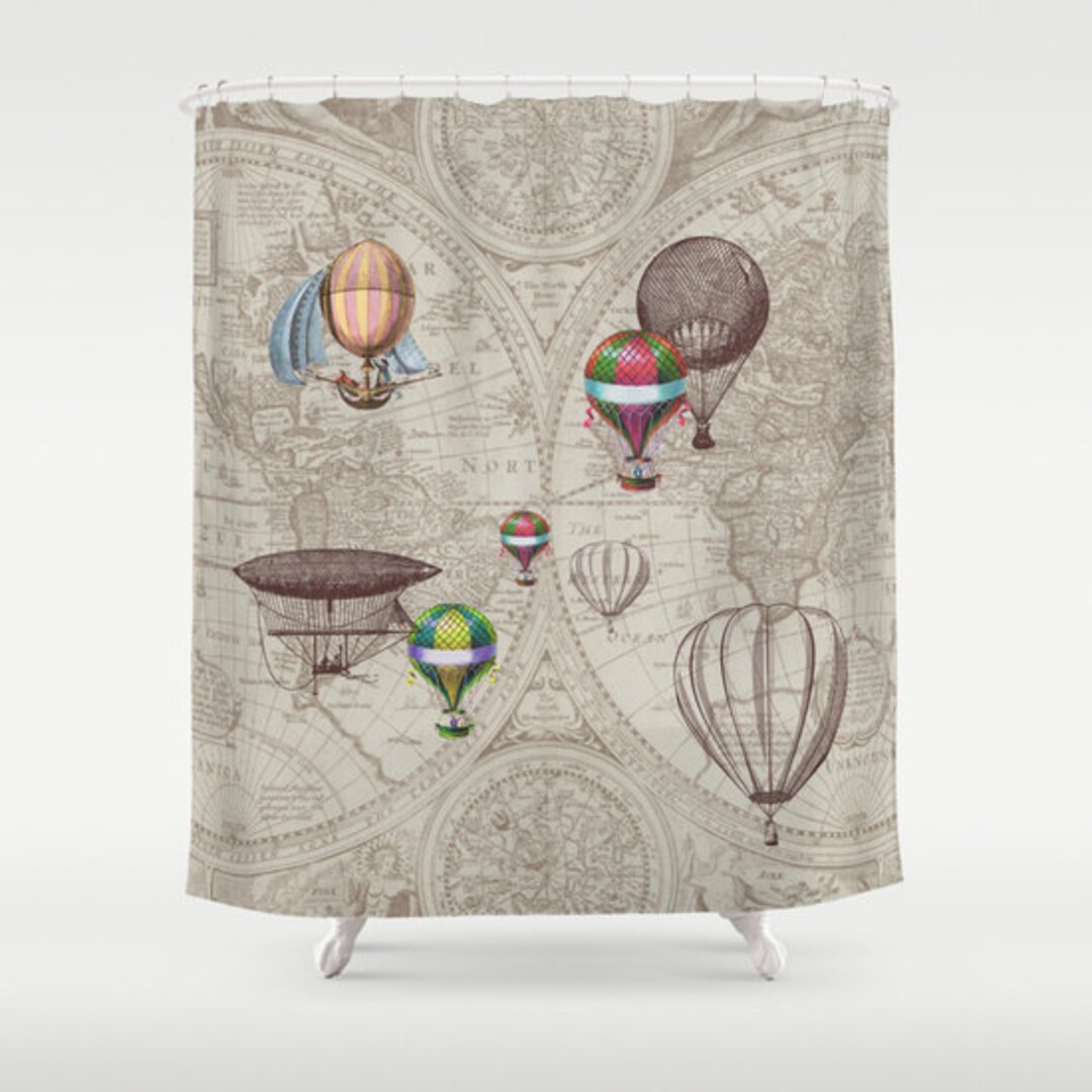 Hot Air Balloon Style Shower Curtain balloon Festival Antique Map