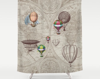 Hot Air Balloon Style Shower Curtain -"Balloon Festival" antique map - derigibles, retro Steampunk bathroom decor beige brown Extra Long