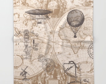 Steampunk Blanket throw - map, hot air balloon, retro,  sofa, couch, bed, travel decor, minimal, soft, brown, beige, winter, warm,