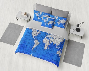 Cobalt Blue World Map Duvet Cover - bed - bedroom, travel decor, cozy, winter, warm, wanderlust