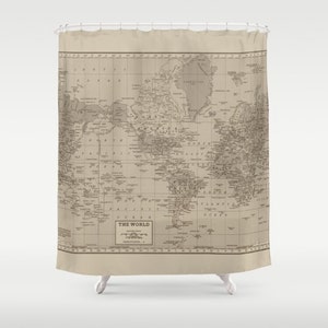 World Map Shower Curtain - Brown and Tan, Earth Tones, Decor Vintage ...