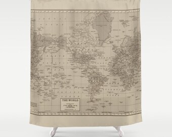 World Map Shower Curtain - Brown and tan, Earth tones, Decor vintage map - travel Home Decor - Bathroom -  warm tones