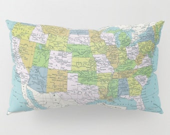 Funda de almohada de mapa de Estados Unidos - decoración de mapa - azul, viaje único, clásico, dormitorio, geografía de ropa de cama